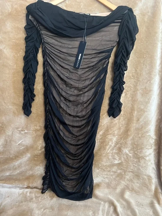 Fashion Nova Black Off-Shoulder Ruched Sheer Long Sleeve Dress - Picture 2 of 4